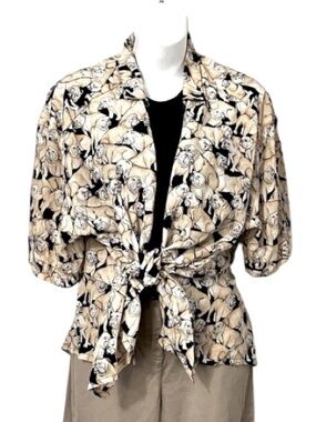 Renate Schumer Bull Dog Button Down Short Sleeve Shirt Raw Silk Yellow Black L